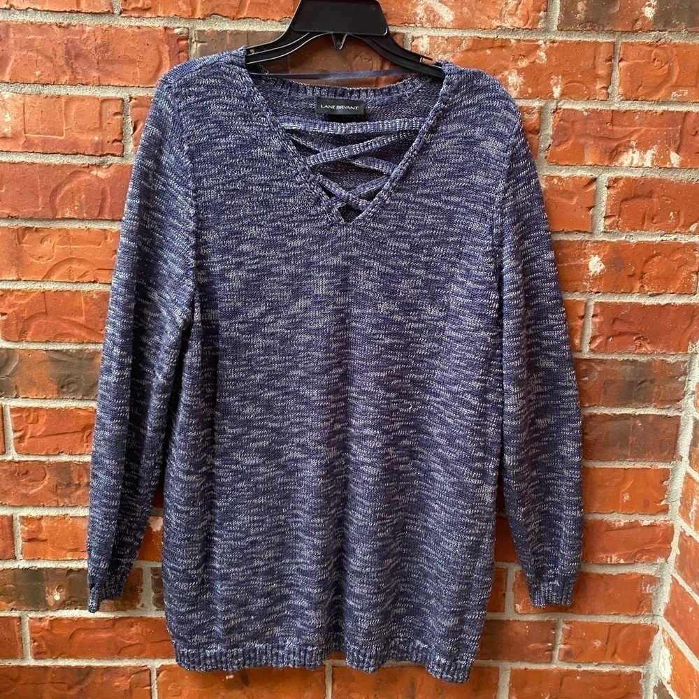 Lane Bryant Womens 14/16 Blue Hacci Knit Criss Cross Vneck Sleeve Sweater